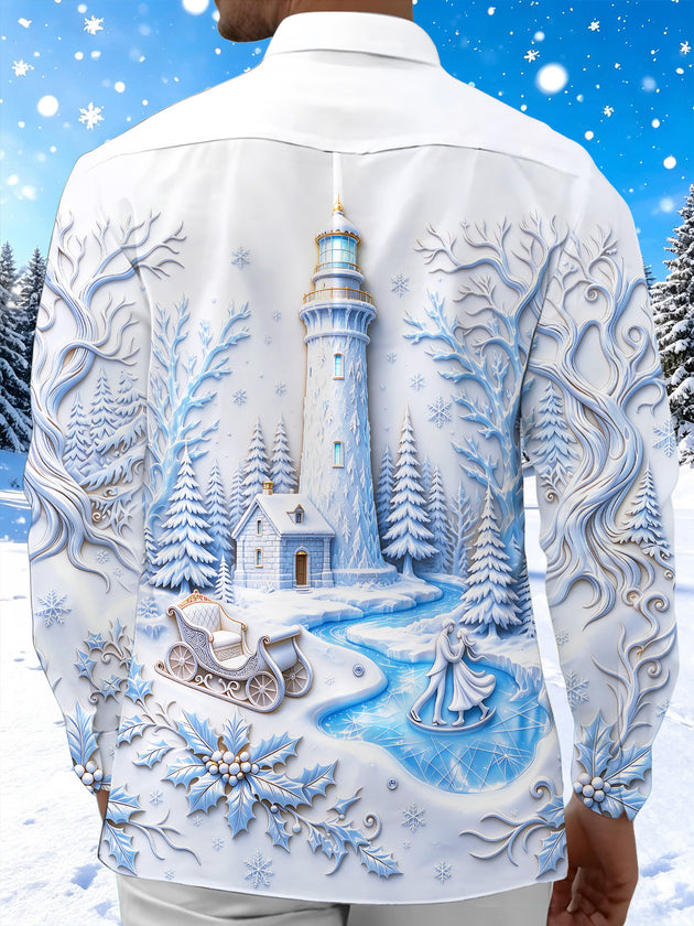 Adaychic Men's Long Sleeve Shirt - Christmas Winter Sleigh And Holly Print Winter Lighthouse And Ice Skating Couple Print with Chest Pocket