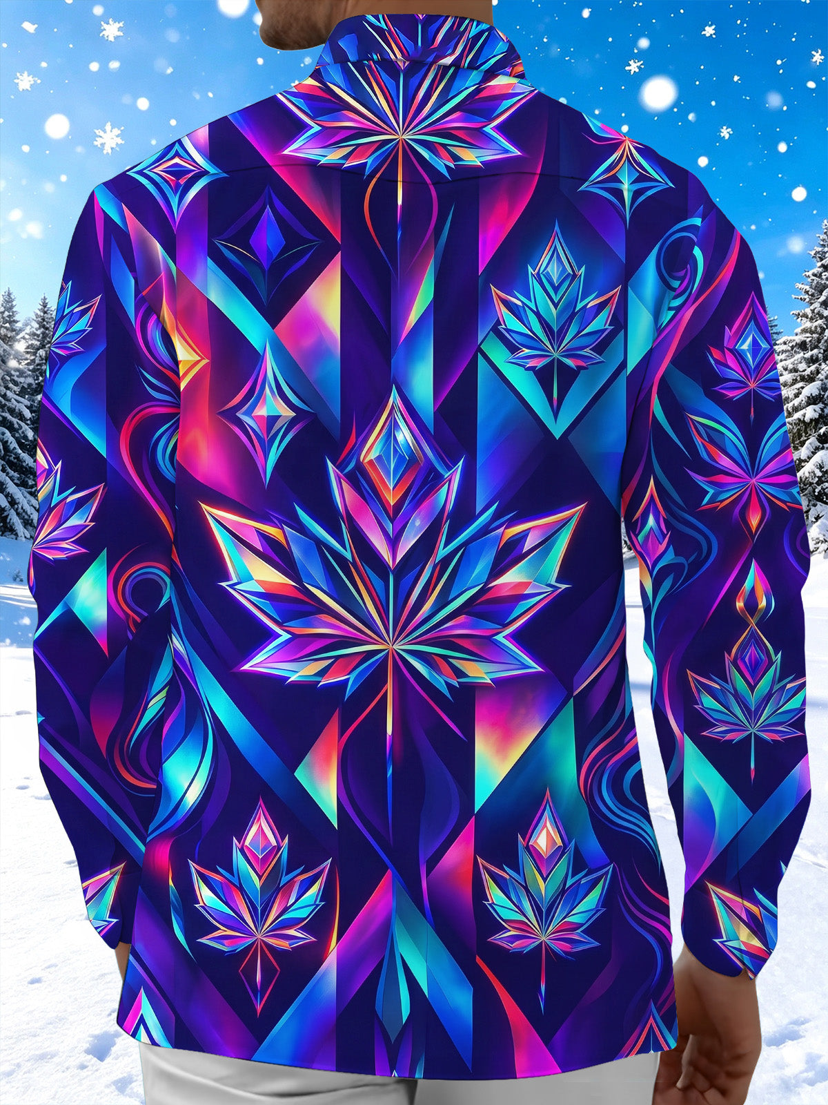 Adaychic Men's Neon Iridescent Geometric Maple Leaf Print Long Sleeve Shirt with Chest Pocket