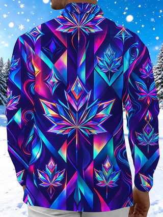 Adaychic Men's Neon Iridescent Geometric Maple Leaf Print Long Sleeve Shirt with Chest Pocket