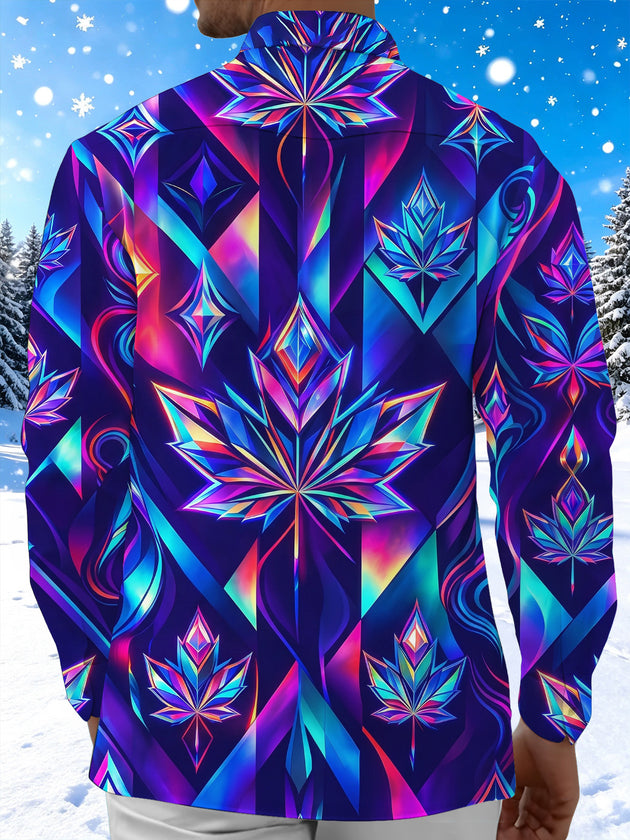Adaychic Men's Neon Iridescent Geometric Maple Leaf Print Long Sleeve Shirt with Chest Pocket