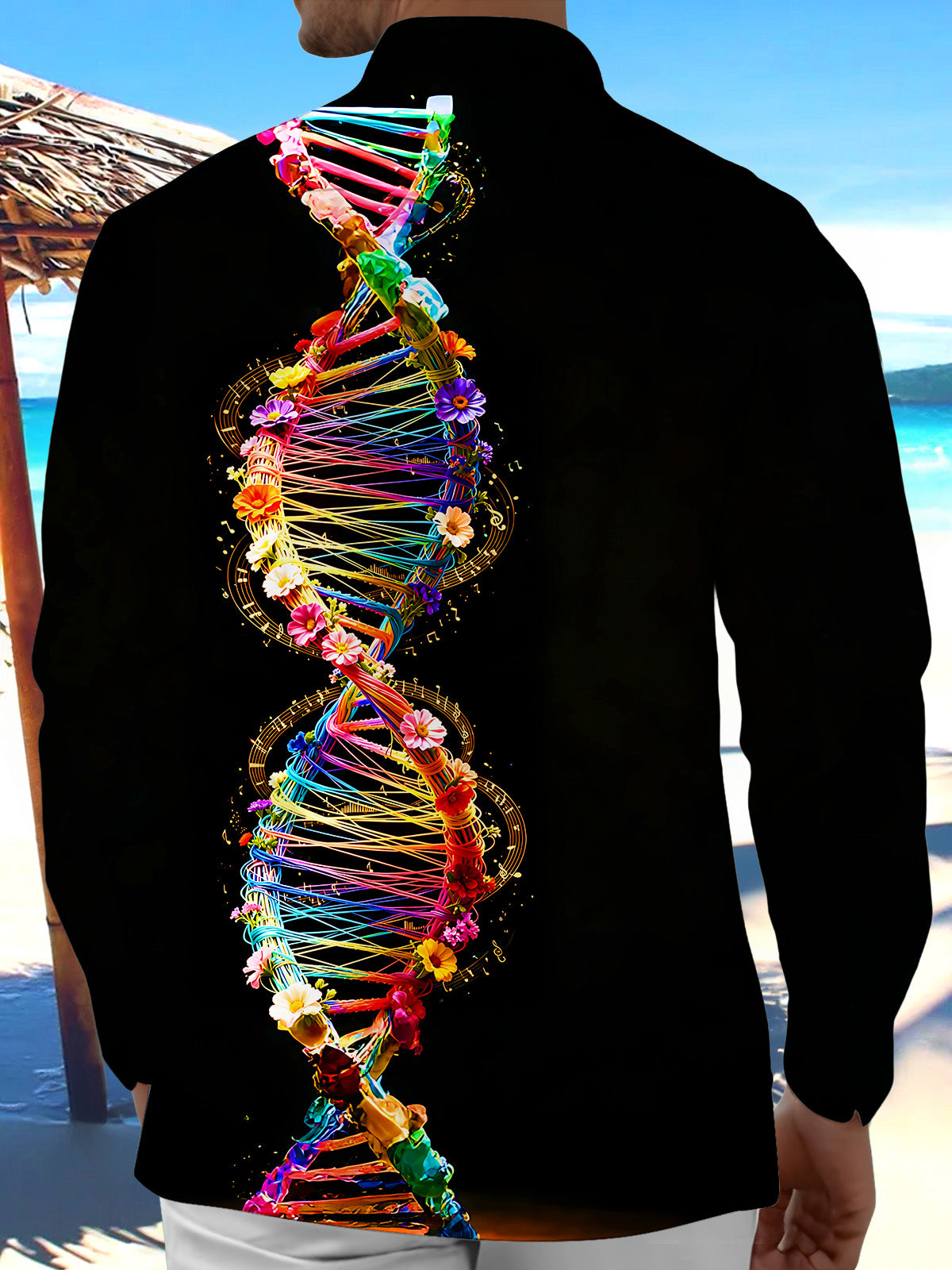 Adaychic Men's Graphic Colorful DNA Helix Print Long Sleeve Shirt with Chest Pocket