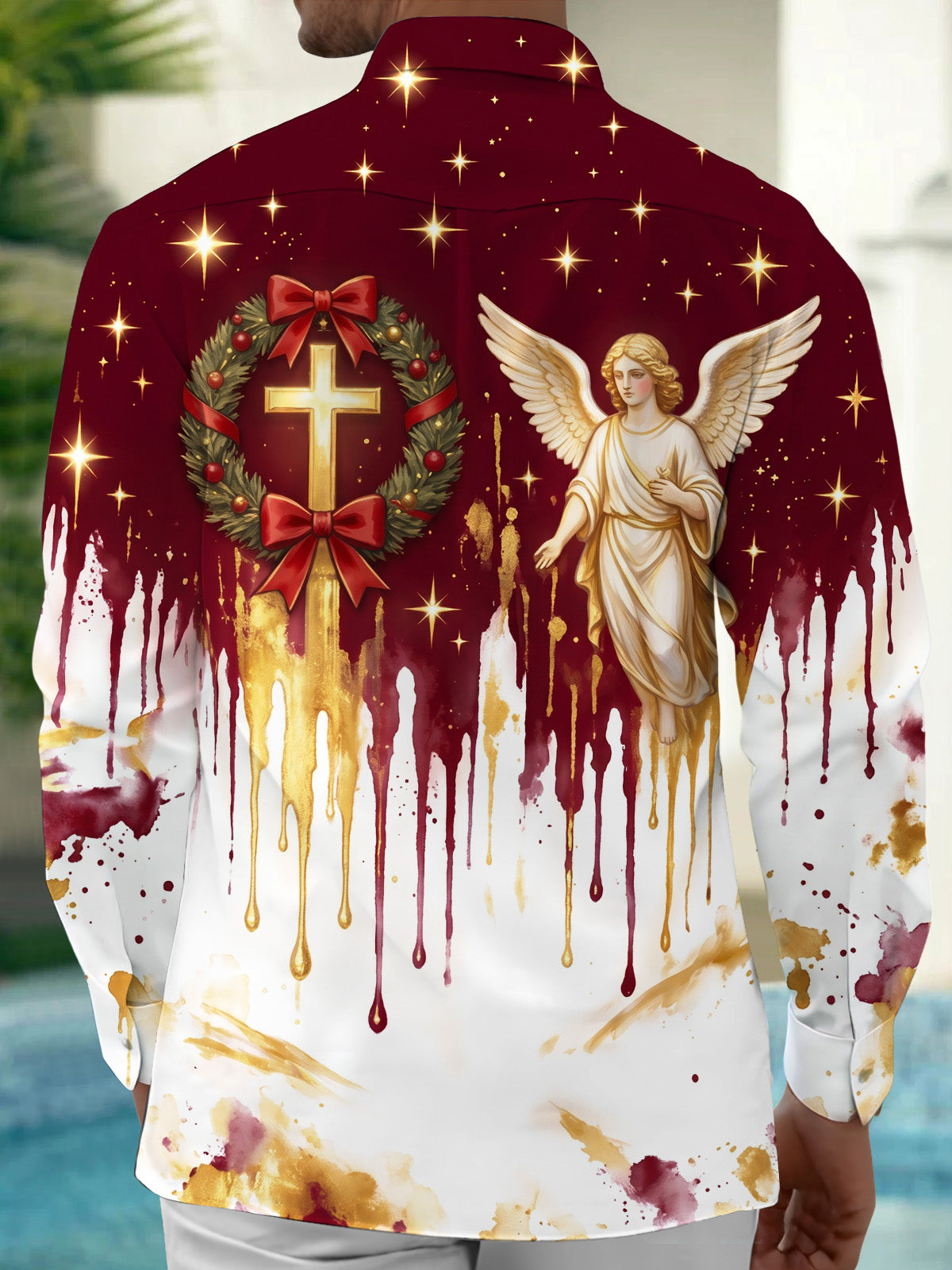 Adaychic Men's Angel And Christmas Wreath With Cross Print Long Sleeve Shirt with Chest Pocket