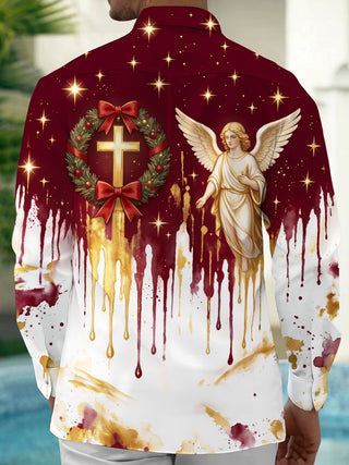 Adaychic Men's Angel And Christmas Wreath With Cross Print Long Sleeve Shirt with Chest Pocket