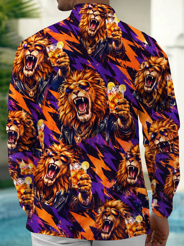 Adaychic Men's Hawaiian Lion With Sunglasses And Drink Print Long Sleeve Shirt with Chest Pocket