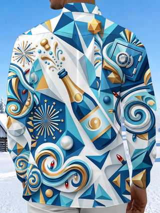 Adaychic Men's Graphic Champagne Bottle Print Long Sleeve Shirt with Chest Pocket