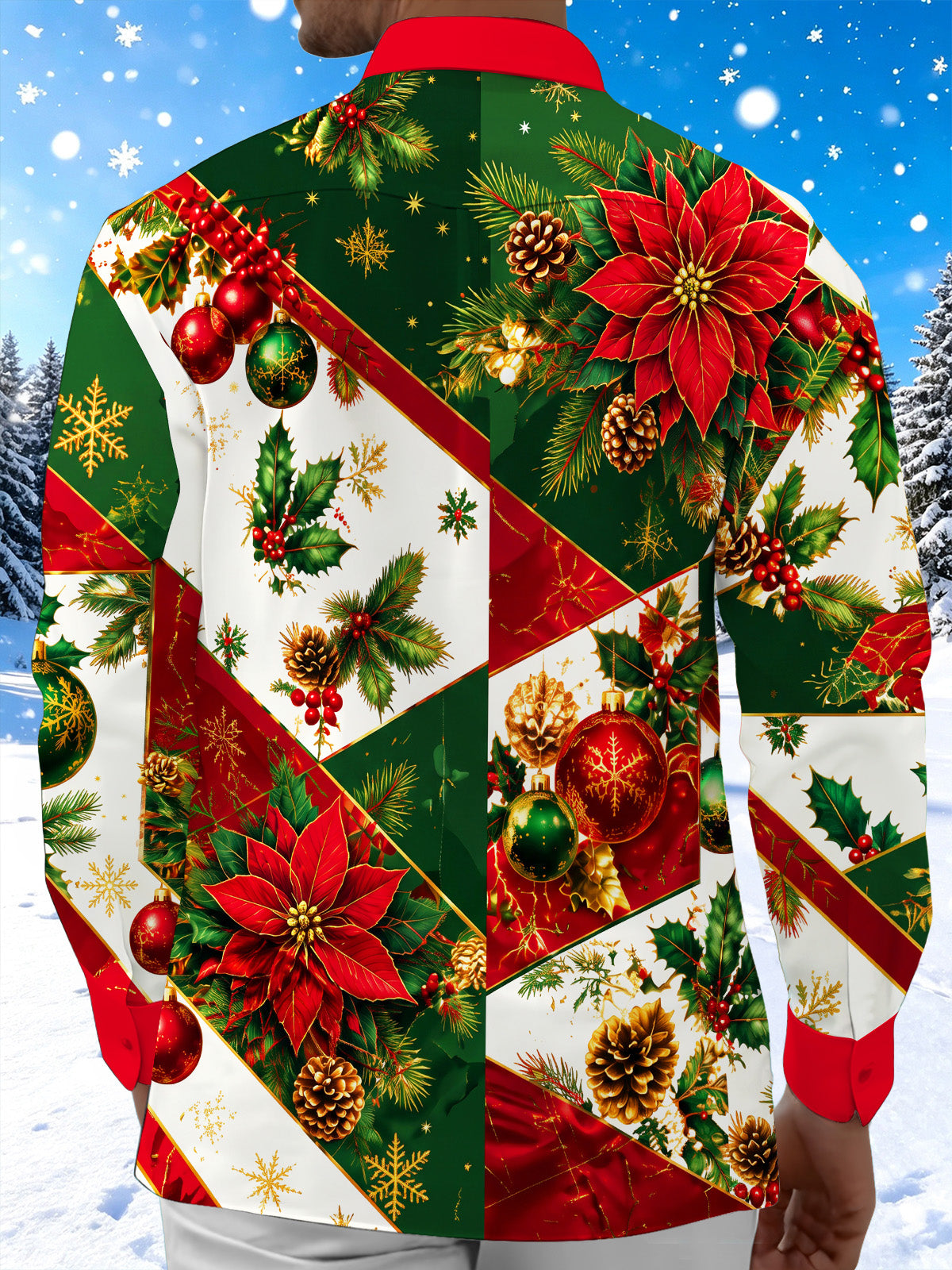Adaychic Men's Christmas Poinsettias And Ornaments Print Long Sleeve Shirt with Chest Pocket