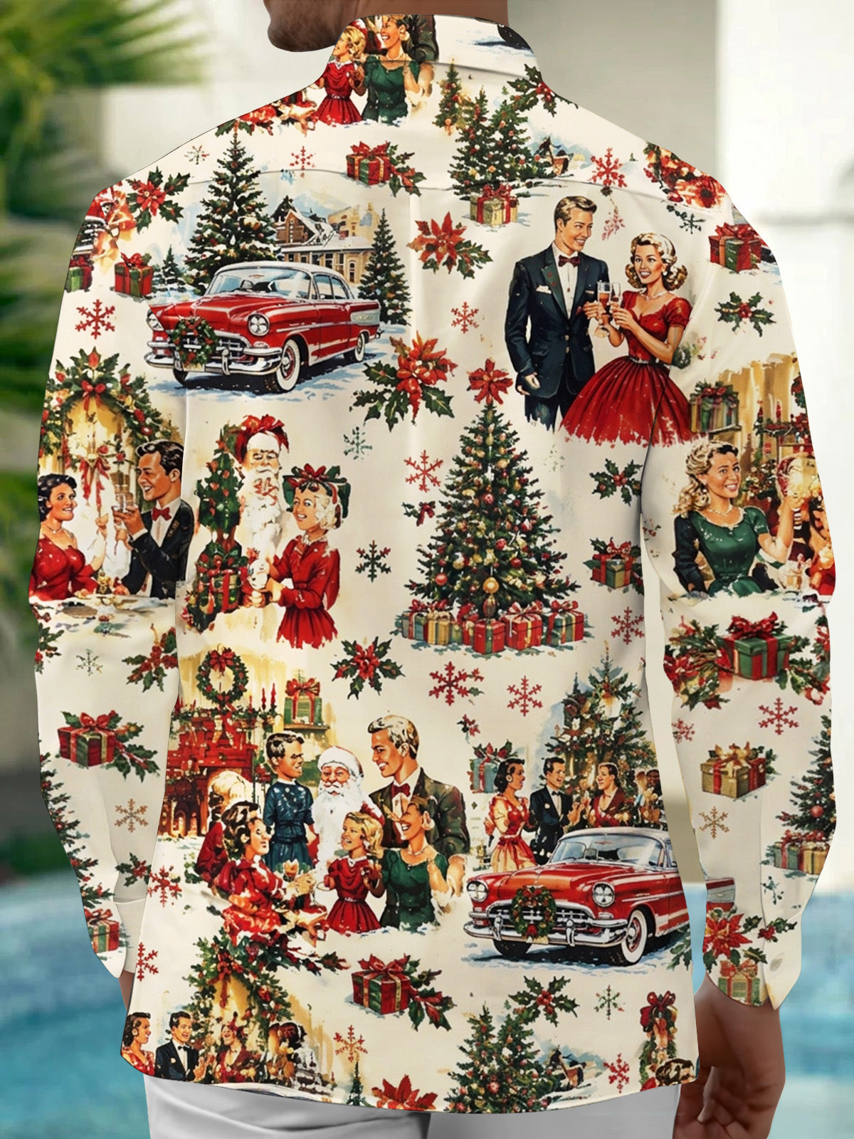 Adaychic Men's Long Sleeve Shirt - Vintage Christmas Scenes With Santa Claus And Families Print with Chest Pocket