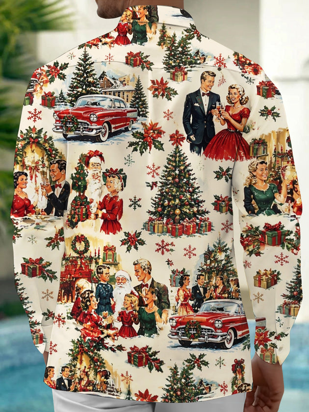 Adaychic Men's Long Sleeve Shirt - Vintage Christmas Scenes With Santa Claus And Families Print with Chest Pocket