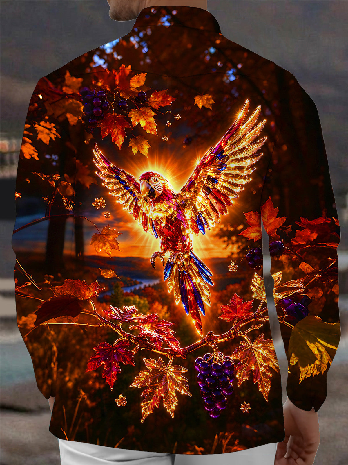 Adaychic Men's Long Sleeve Shirt - Crystal Parrot With Autumn Leaves And Grapes Print with Chest Pocket