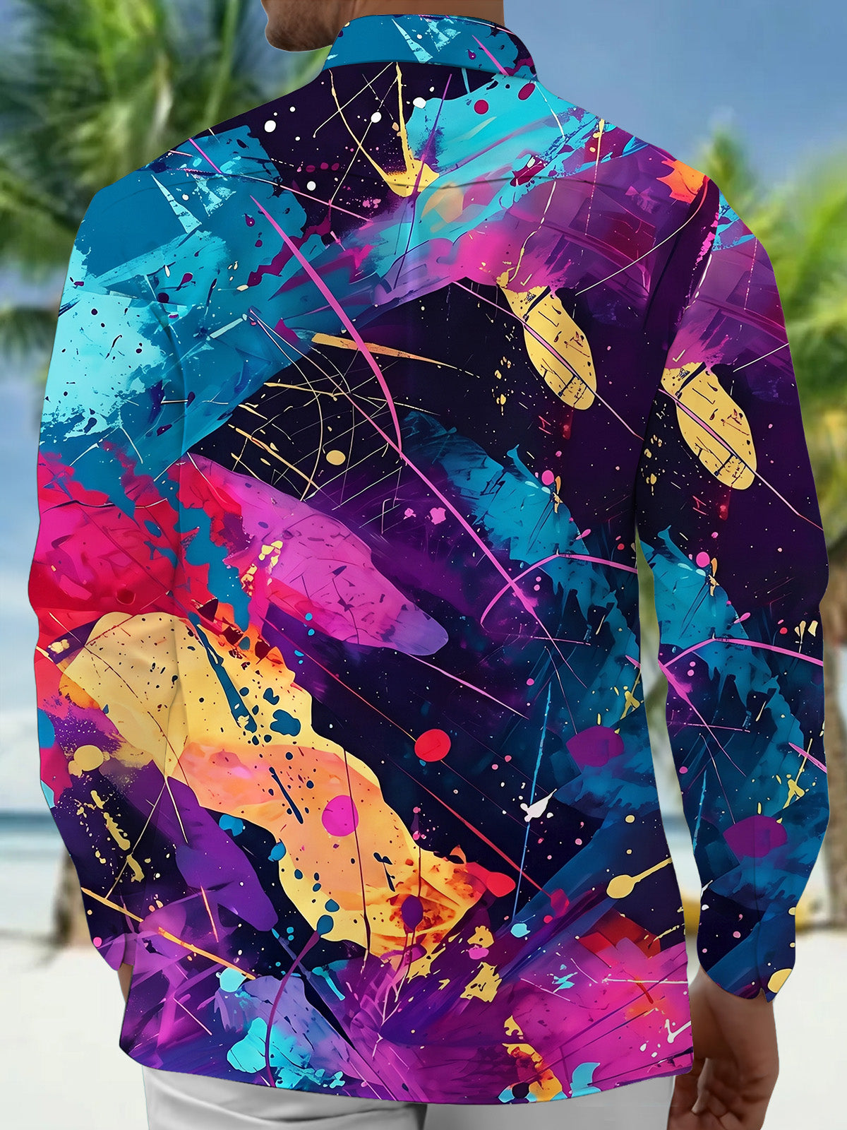 Adaychic Men's Tie Dye Colorful Abstract Paint Splatter Print Long Sleeve Shirt with Chest Pocket