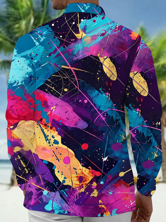 Adaychic Men's Tie Dye Colorful Abstract Paint Splatter Print Long Sleeve Shirt with Chest Pocket
