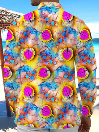 Adaychic Men's Hawaiian Colorful Leaf Pattern Long Sleeve Shirt with Chest Pocket