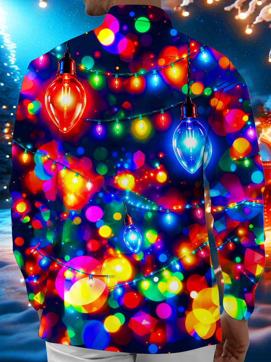 Adaychic Men's Colorful Christmas Light Bulbs And Bokeh Print Long Sleeve Shirt with Chest Pocket