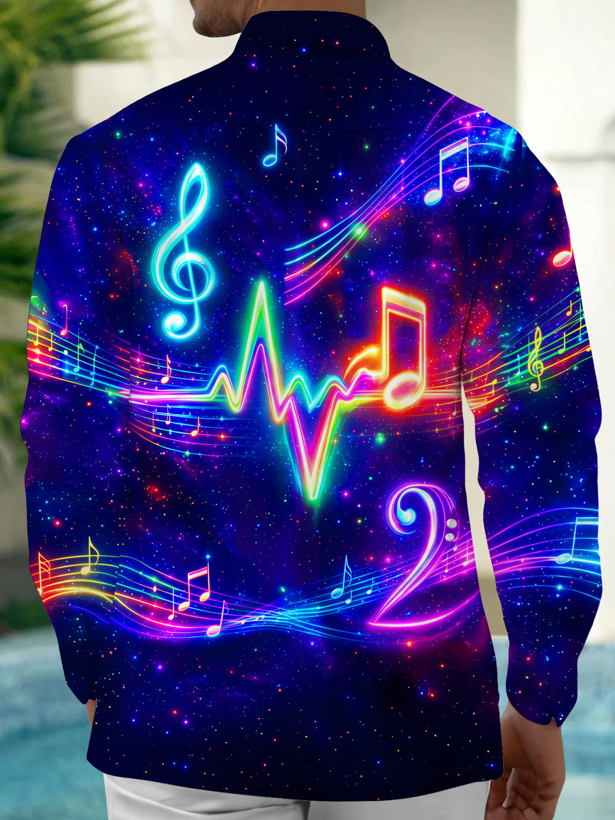 Adaychic Men's Neon Music Notes And Heartbeat Line Print Long Sleeve Shirt with Chest Pocket
