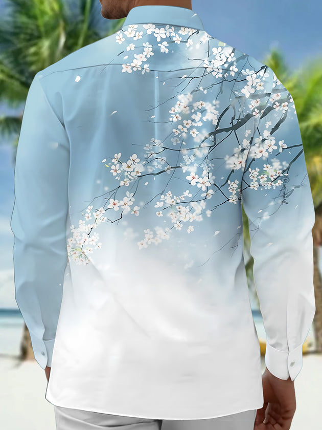 Adaychic Men's Floral Cherry Blossom Branches Print Long Sleeve Shirt with Chest Pocket