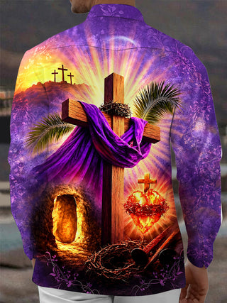 Adaychic Men's Long Sleeve Shirt - Easter Christian Resurrection Scene With Cross And Empty Tomb Print with Chest Pocket