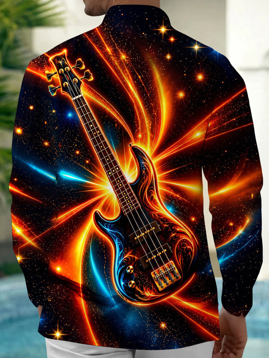 Adaychic Men's Neon Bass Guitar With Cosmic Background Print Long Sleeve Shirt with Chest Pocket