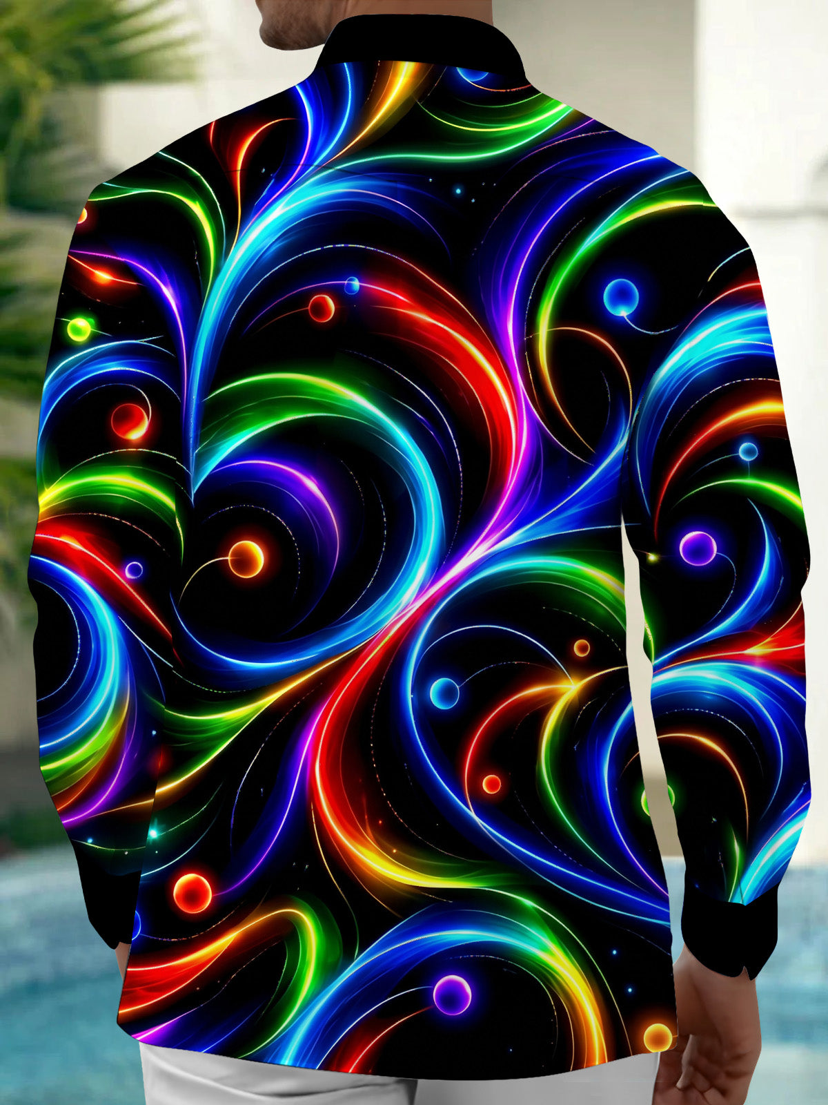 Adaychic Men's Printed Neon Abstract Swirls And Circles Print Long Sleeve Shirt with Chest Pocket