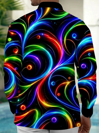 Adaychic Men's Printed Neon Abstract Swirls And Circles Print Long Sleeve Shirt with Chest Pocket