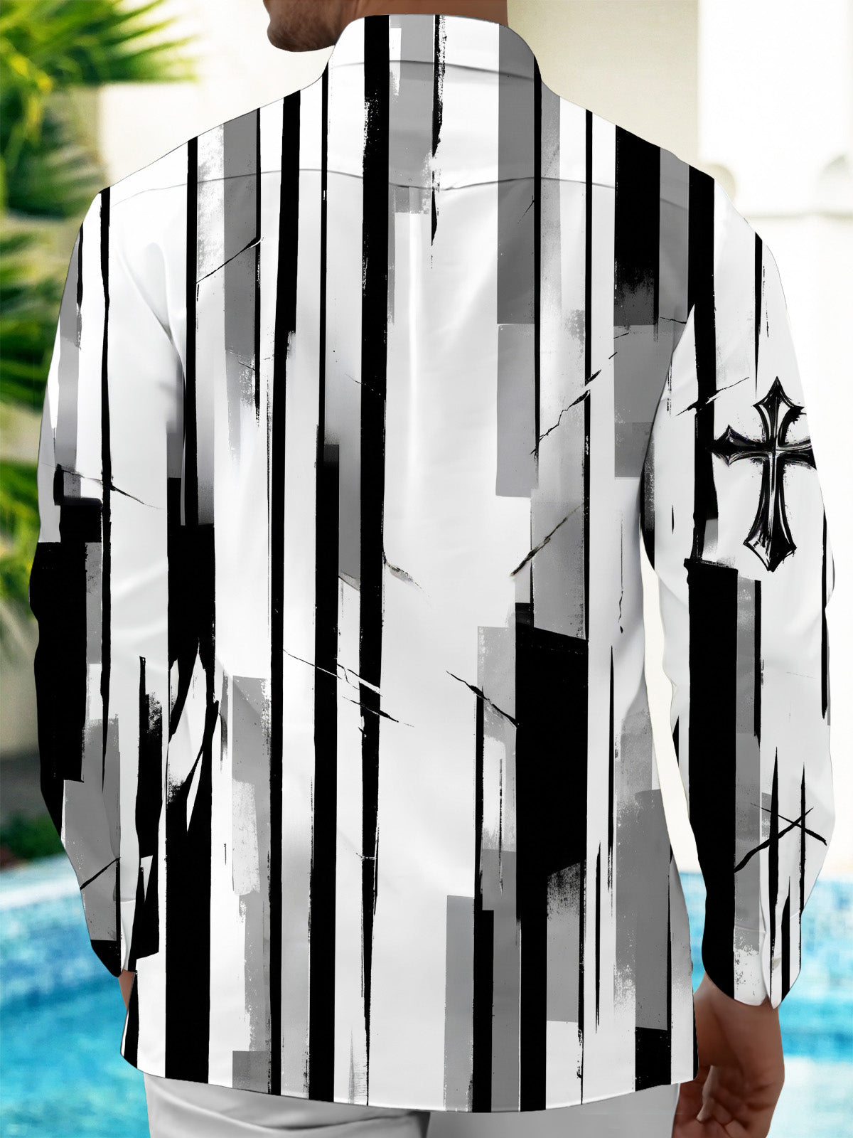 Adaychic Men's Long Sleeve Shirt - Black And White Striped Pattern With Cross Motifs with Chest Pocket