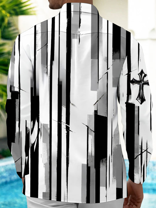 Adaychic Men's Long Sleeve Shirt - Black And White Striped Pattern With Cross Motifs with Chest Pocket