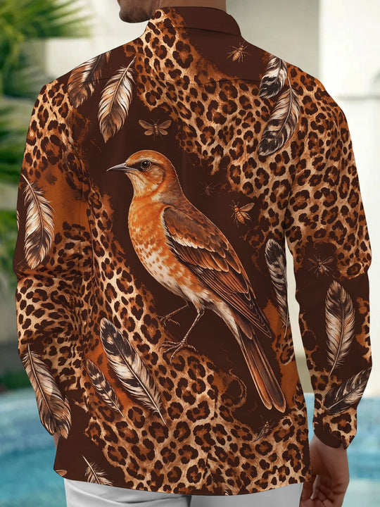 Adaychic Men's Printed Bird And Leopard Print Long Sleeve Shirt with Chest Pocket