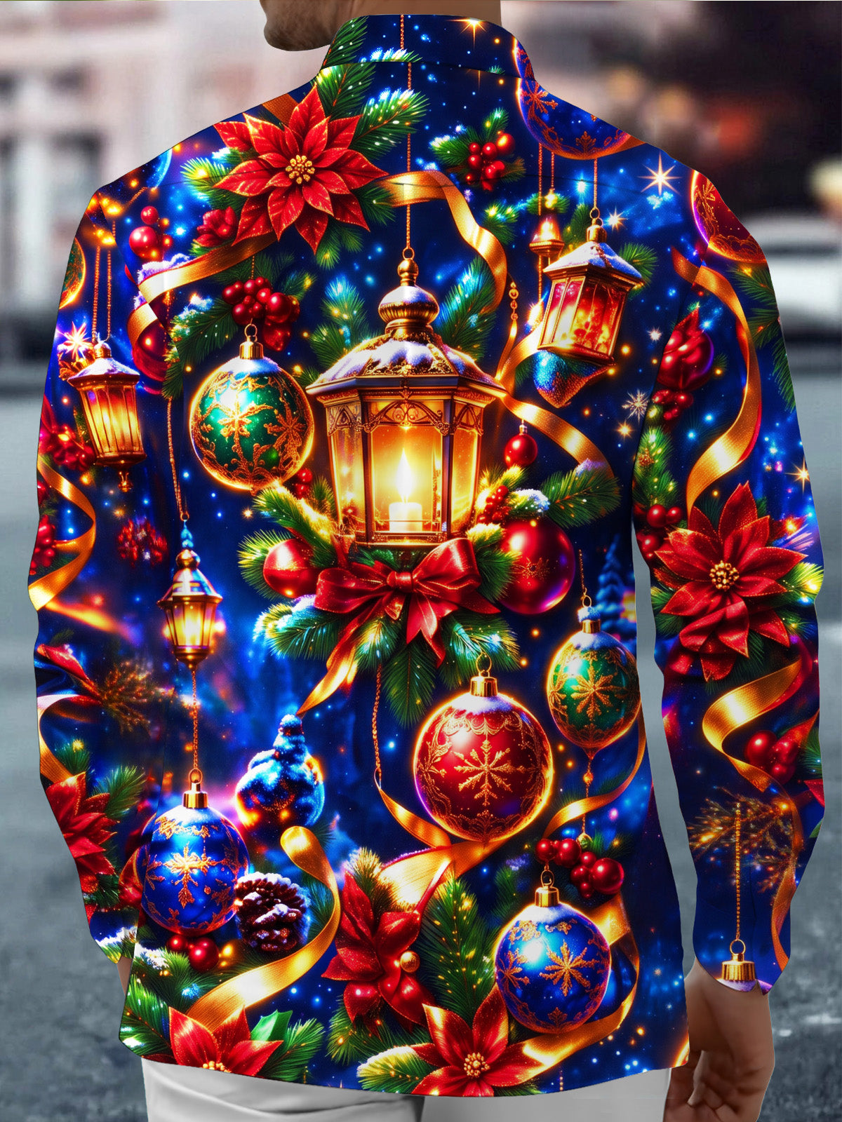Adaychic Men's Printed Christmas Lanterns And Ornaments Print Long Sleeve Shirt with Chest Pocket