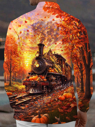 Adaychic Men's Long Sleeve Shirt - Thanksgiving Autumn Train With Pumpkins And Corn Print with Chest Pocket