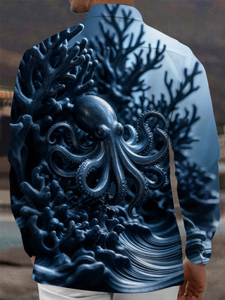Adaychic Men's Graphic Octopus Print Coral Reef Print Long Sleeve Shirt with Chest Pocket