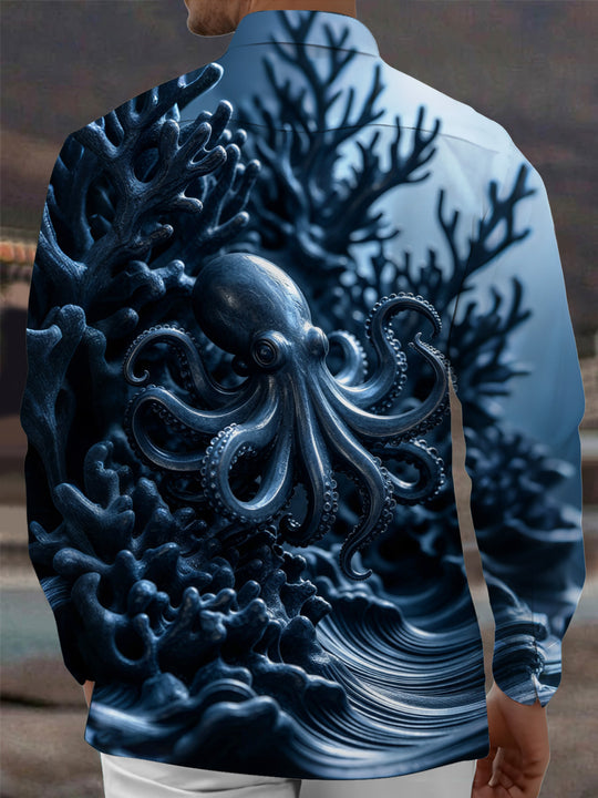 Adaychic Men's Graphic Octopus Print Coral Reef Print Long Sleeve Shirt with Chest Pocket