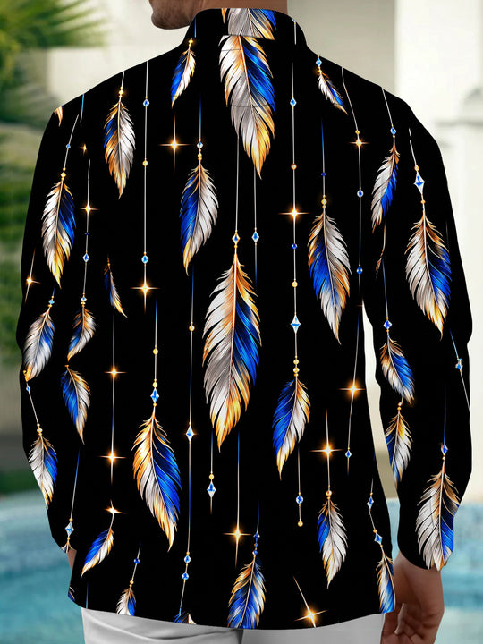 Adaychic Men's Printed Feathers And Hanging Crystals Print Long Sleeve Shirt with Chest Pocket
