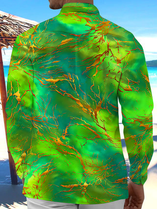 Adaychic Men's Printed Abstract Green And Orange Veins Print Long Sleeve Shirt with Chest Pocket