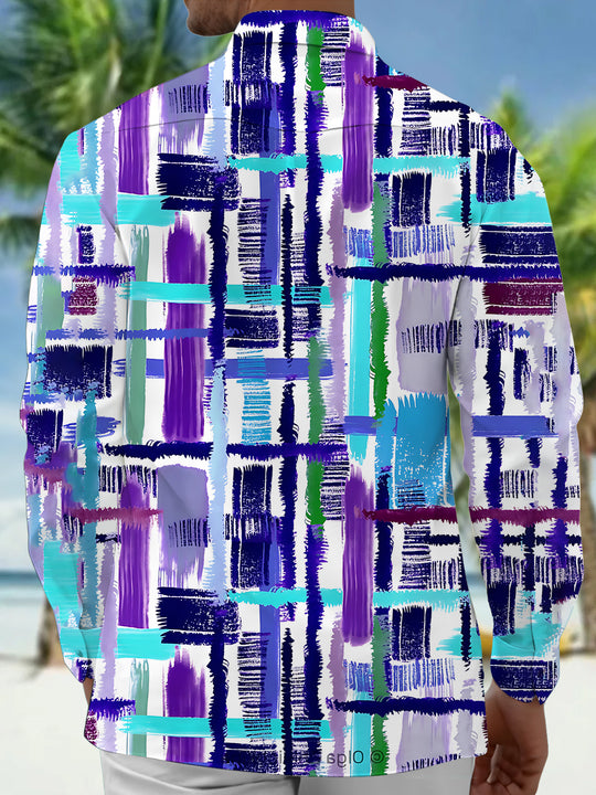 Adaychic Men's Printed Abstract Brushstroke Grid Print Long Sleeve Shirt with Chest Pocket