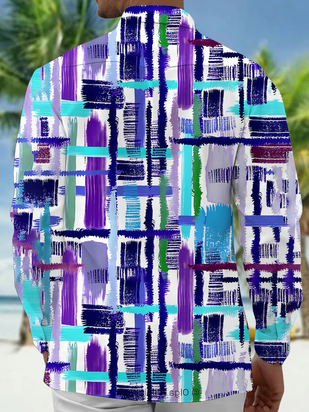Adaychic Men's Printed Abstract Brushstroke Grid Print Long Sleeve Shirt with Chest Pocket