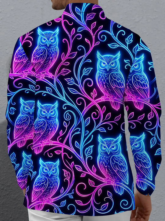 Adaychic Men's Graphic Neon Glow Owls On Branches Print Long Sleeve Shirt with Chest Pocket