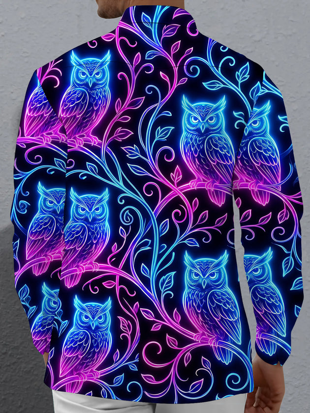 Adaychic Men's Graphic Neon Glow Owls On Branches Print Long Sleeve Shirt with Chest Pocket