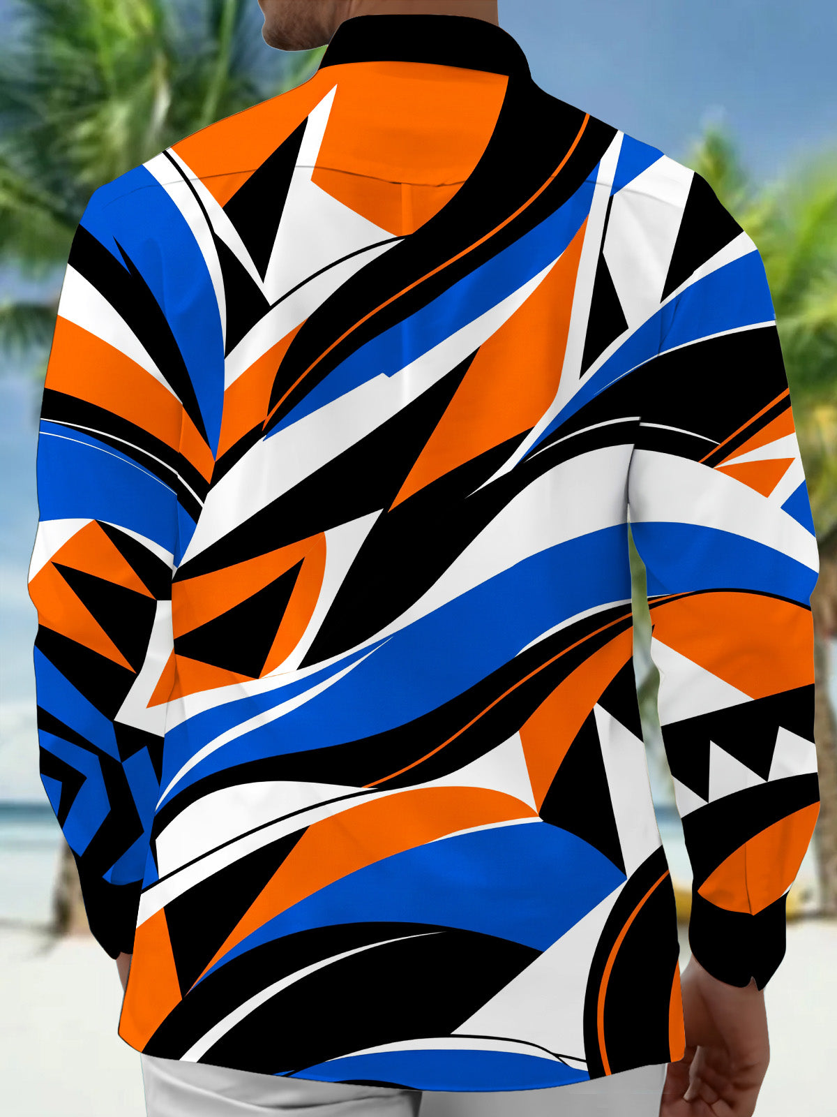 Adaychic Men's Geometric Abstract Waves And Stripes Print Long Sleeve Shirt with Chest Pocket