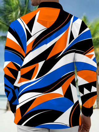 Adaychic Men's Geometric Abstract Waves And Stripes Print Long Sleeve Shirt with Chest Pocket