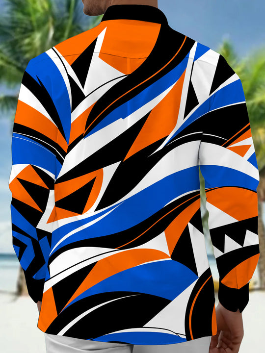 Adaychic Men's Geometric Abstract Waves And Stripes Print Long Sleeve Shirt with Chest Pocket