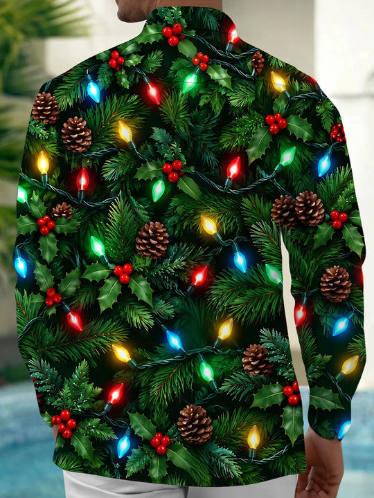 Adaychic Men's Long Sleeve Shirt - Christmas Light Strings With Pinecones And Holly Print with Chest Pocket