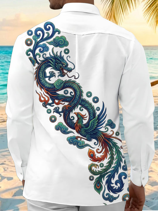 Adaychic Men's Graphic Dragon And Phoenix Print Long Sleeve Shirt with Chest Pocket