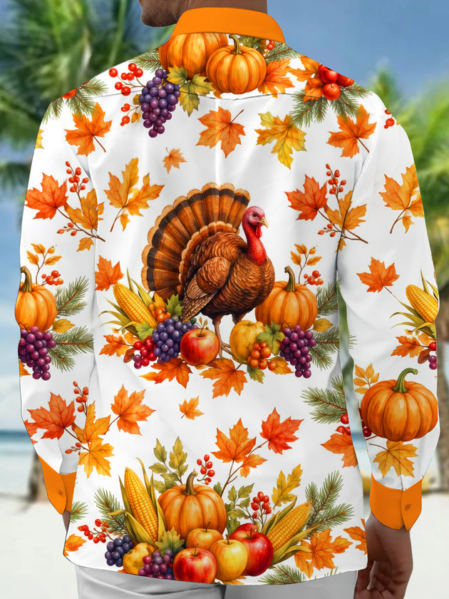 Adaychic Men's Thanksgiving Turkey And Harvest Produce Print Long Sleeve Shirt with Chest Pocket