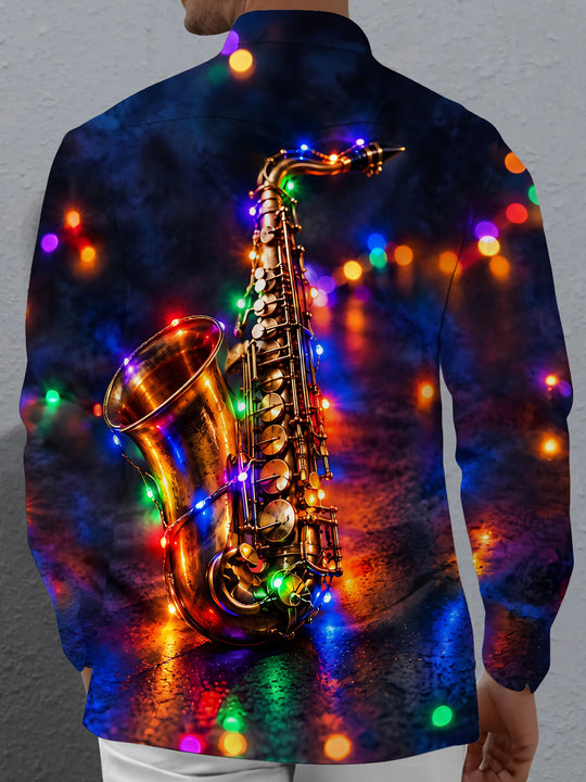 Adaychic Men's Saxophone And Christmas Light String Print Long Sleeve Shirt with Chest Pocket