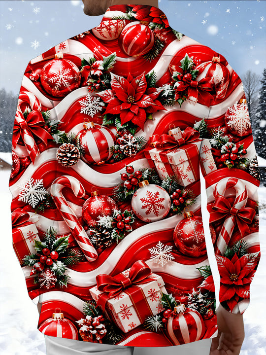 Adaychic Men's Printed Christmas Ornaments Print Long Sleeve Shirt with Chest Pocket