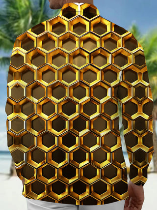 Adaychic Men's 3D 3D Gold Honeycomb Pattern Long Sleeve Shirt with Chest Pocket