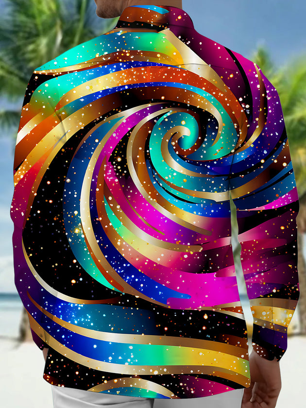Adaychic Men's Printed Colorful Swirl Pattern Long Sleeve Shirt with Chest Pocket