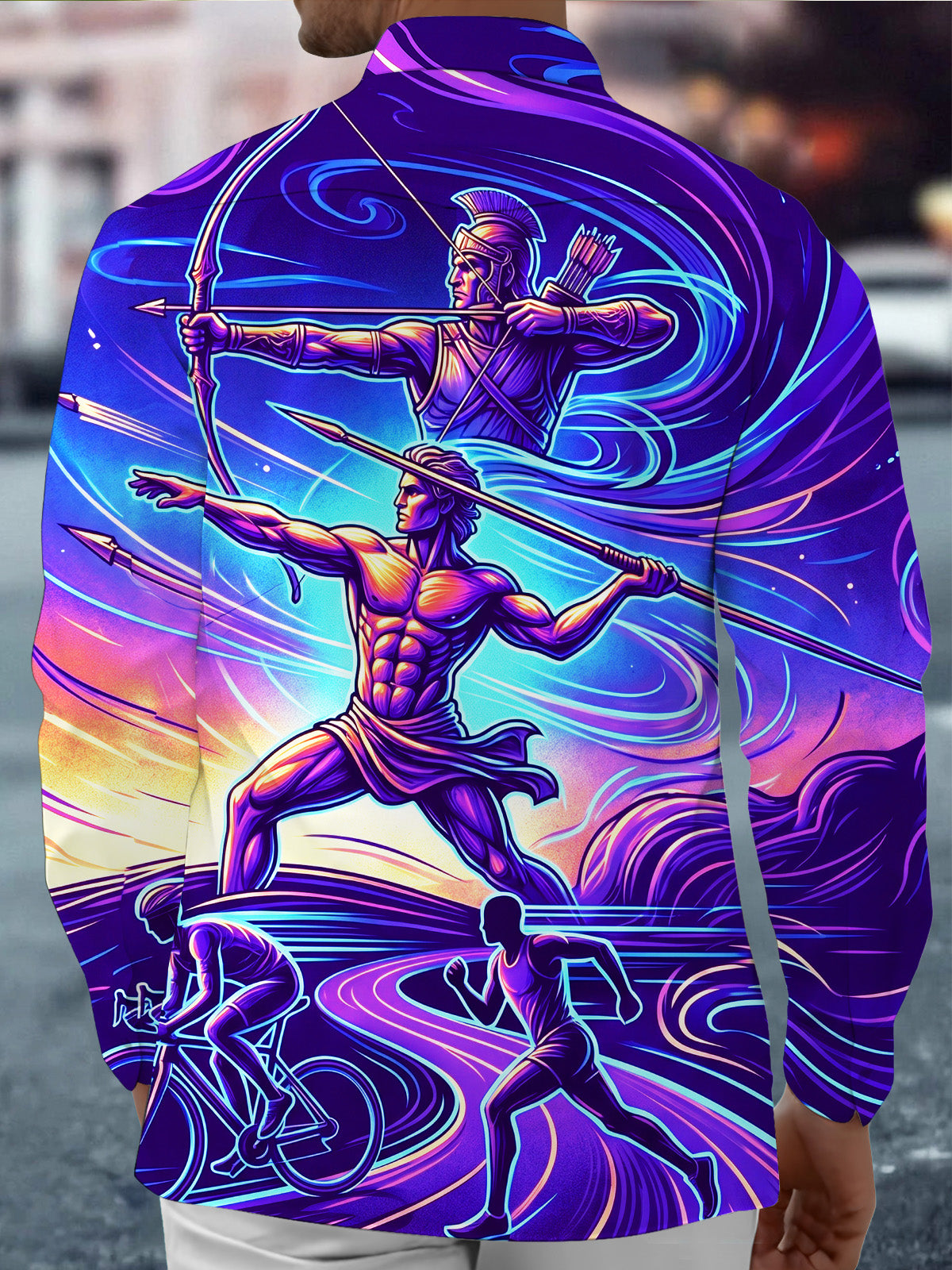 Adaychic Men's Long Sleeve Shirt - Ancient Greek Warriors And Modern Athletes Print with Chest Pocket