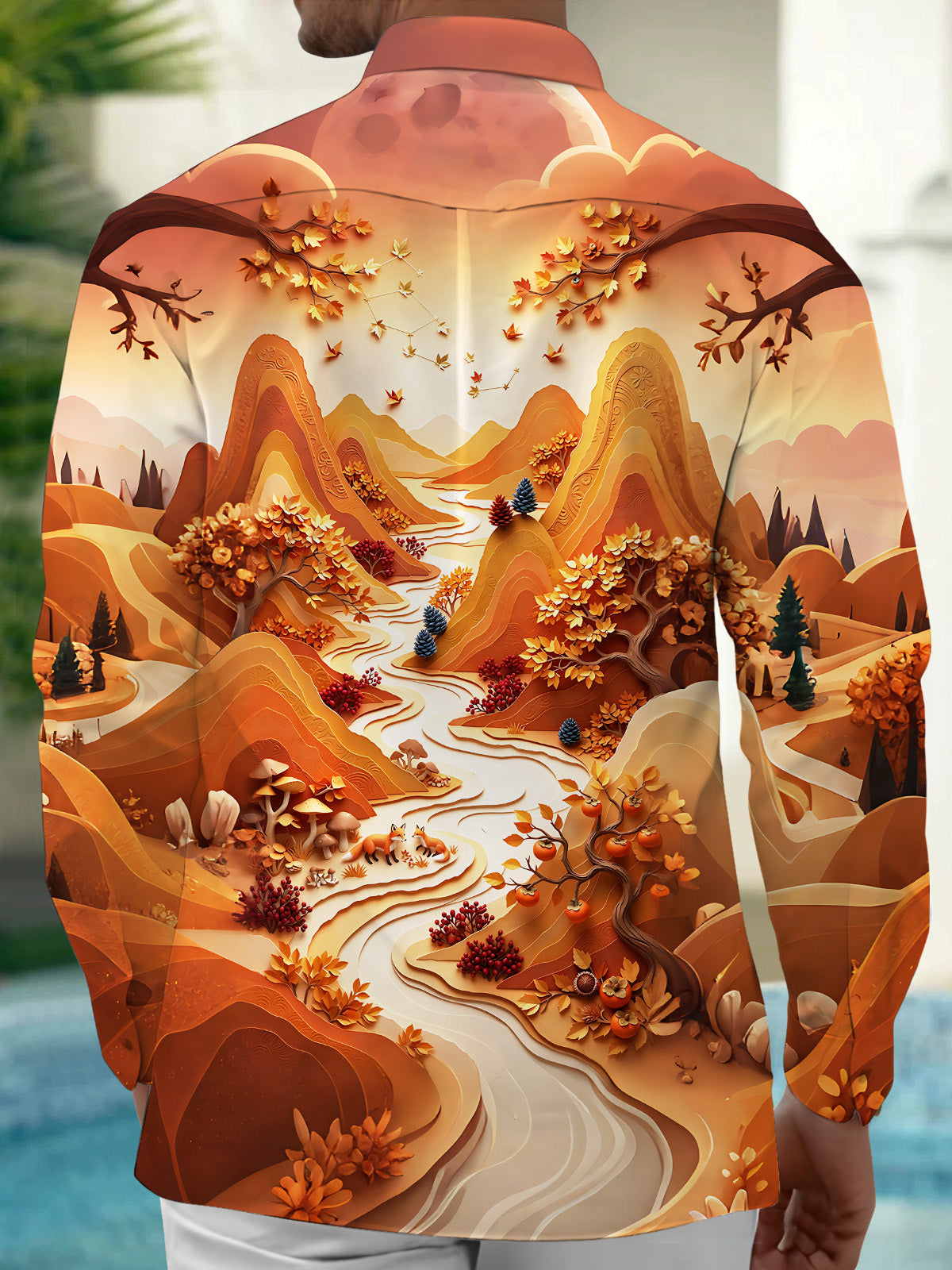Adaychic Men's Long Sleeve Shirt - Autumn Mountain Landscape With Foxes And Trees Print with Chest Pocket