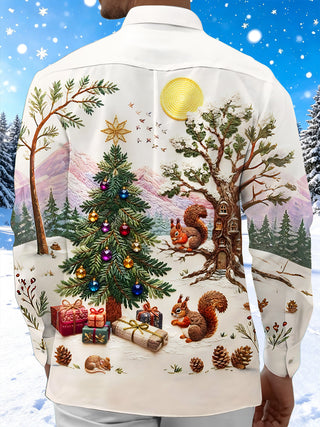Adaychic Men's Long Sleeve Shirt - Christmas Tree And Ornaments With Squirrels Print with Chest Pocket