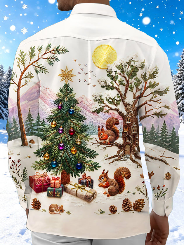 Adaychic Men's Long Sleeve Shirt - Christmas Tree And Ornaments With Squirrels Print with Chest Pocket